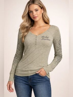 Harley-Davidson Olive Button-Front Long Sleeve Henley distressed